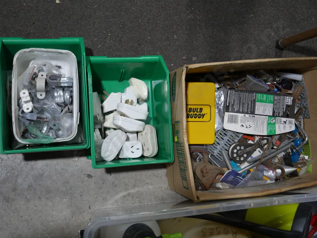 7 boxes/containers of brackets, garden sprayers etc Image 1++