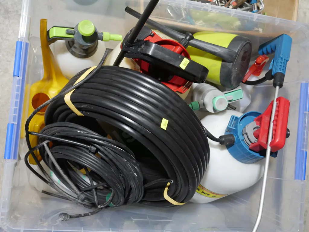 7 boxes/containers of brackets, garden sprayers etc Image 1++