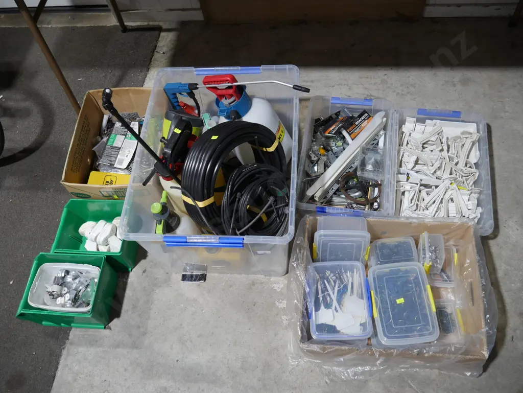 7 boxes/containers of brackets, garden sprayers etc Image 1++