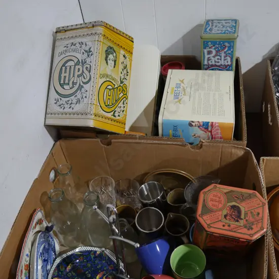 2 boxes tins, cups etc