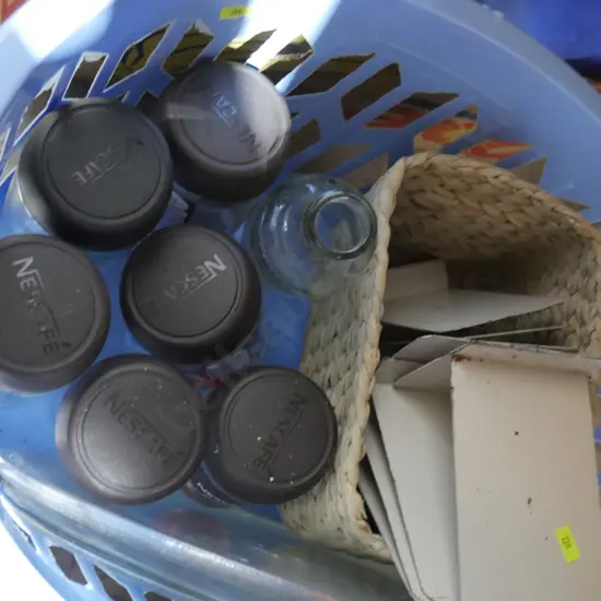 Laundry basket, Nescafe coffee jars etc