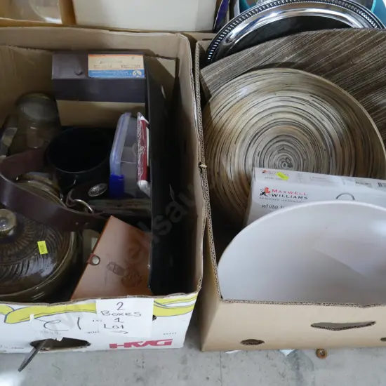 Two boxes of kitchenware etc