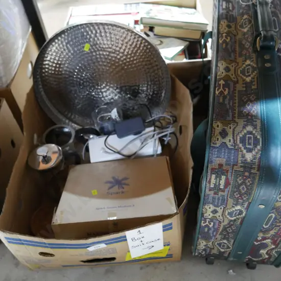 Suitcase and box of sundries