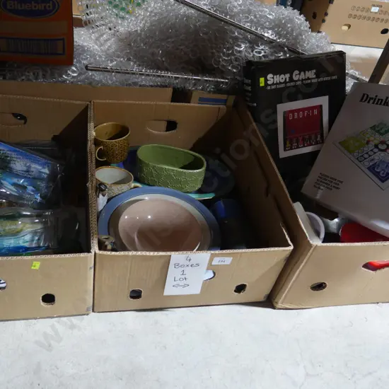4 boxes of linen and kitchenware etc