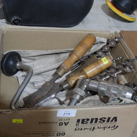 Handrill, chisels, auger bits