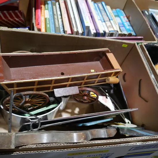 Wooden wagon, pots etc