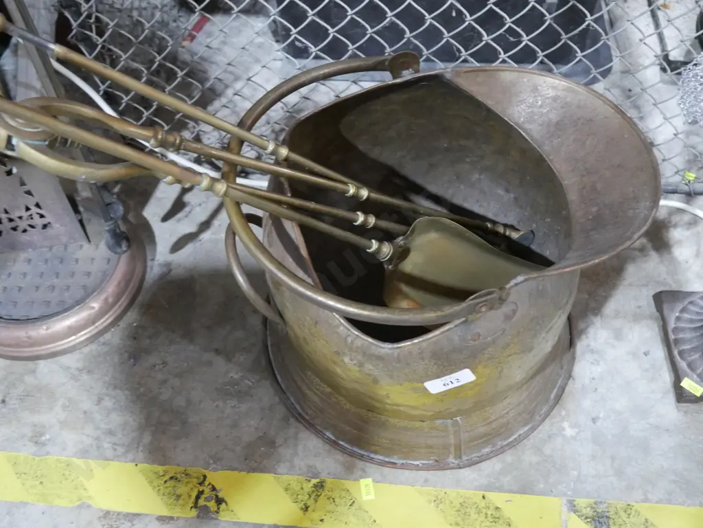 Brass coal bucket and fireside tools Image 1++