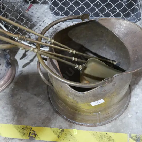 Brass coal bucket and fireside tools