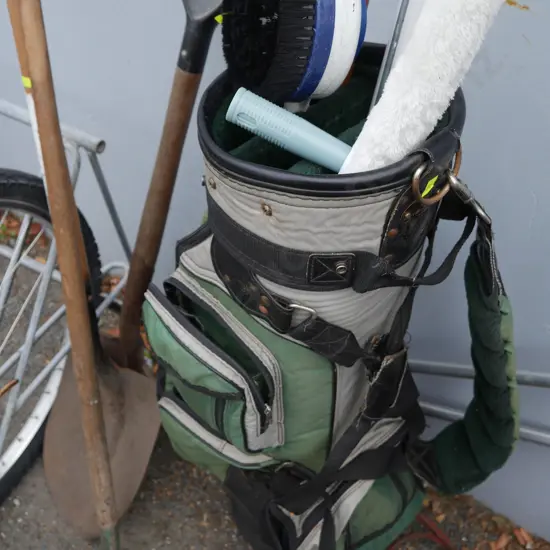 Garden tools, mops, golf bag etc
