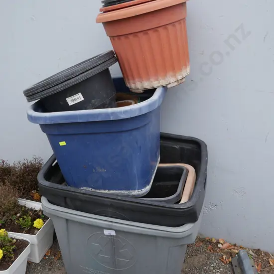Plastic plant pots, and bins