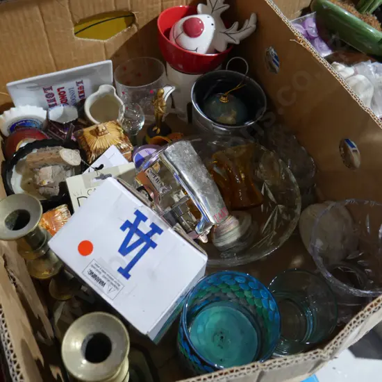 Brass candle sticks, china, glass etc