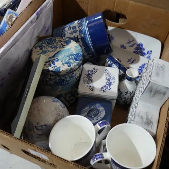 Tins, blue and white china