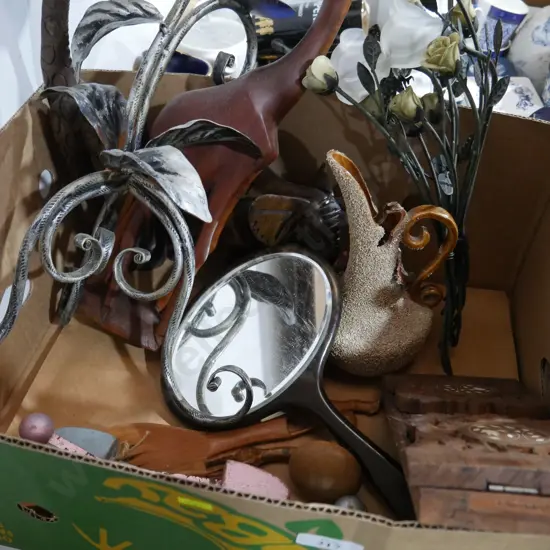 Wooden animals, metal flowers etc