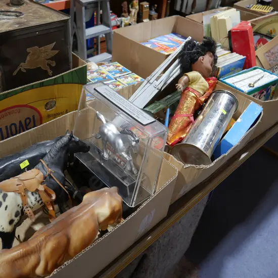 3 boxes toys, books, horses and bulls etc