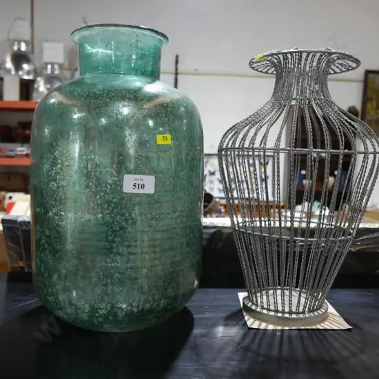 Large glass vase and metal wire vase