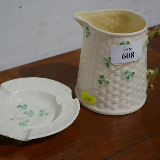 Belleek jug and ashtray