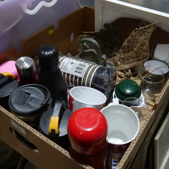 Box of sundries, drink bottles etc