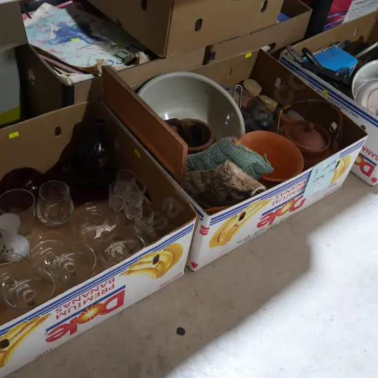 3 boxes glassware, pots etc