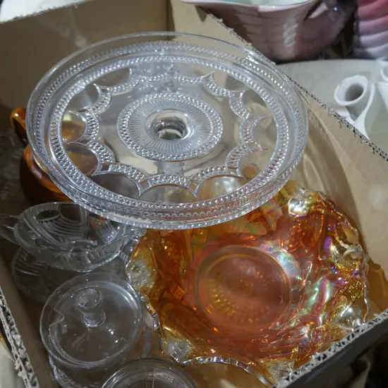 Glass cake stand, carnival glass etc