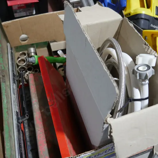 Box of workshop sundries, saws etc