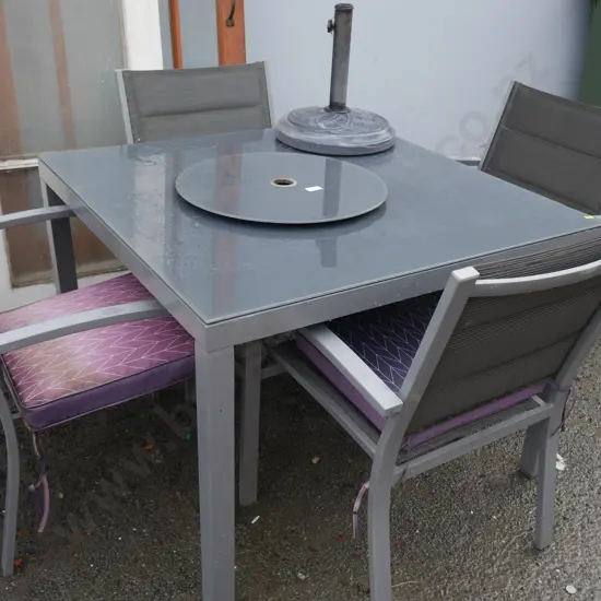 Outdoor table and 4 chairs. Umbrella stand