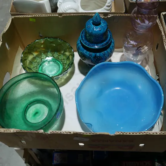 Coloured glass bowls etc