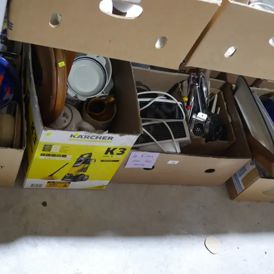 4 boxes kitchenware, heaters etc
