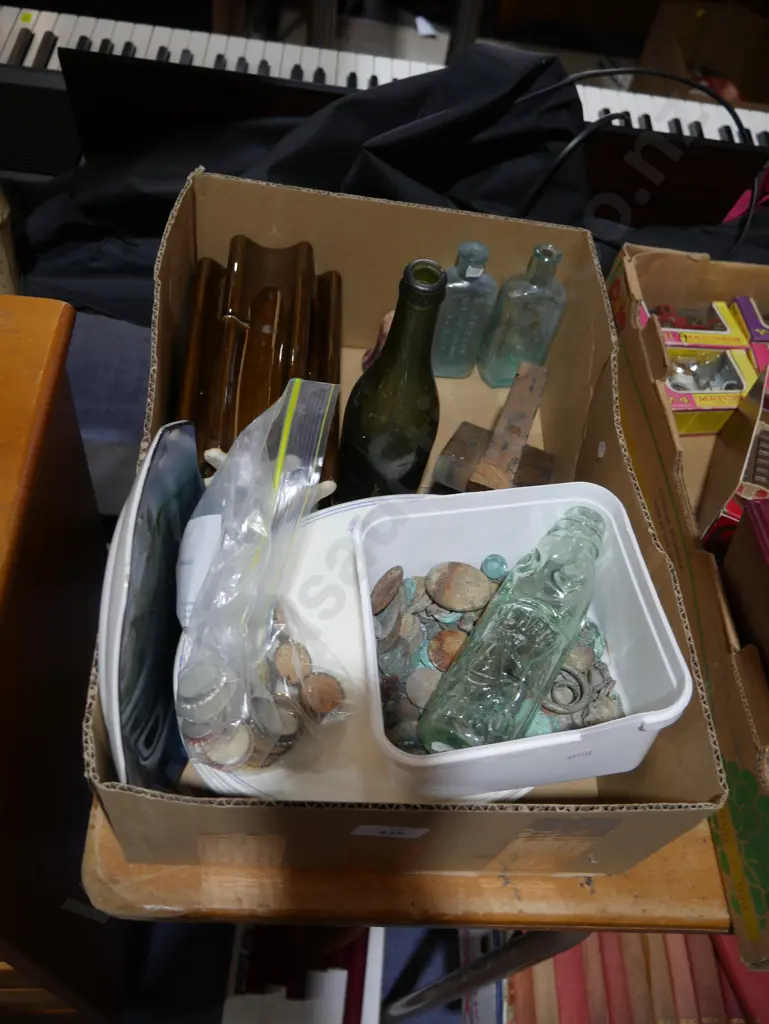 Old bottles, caps, coins, insulator and plates Image 1++