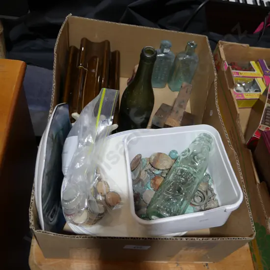 Old bottles, caps, coins, insulator and plates