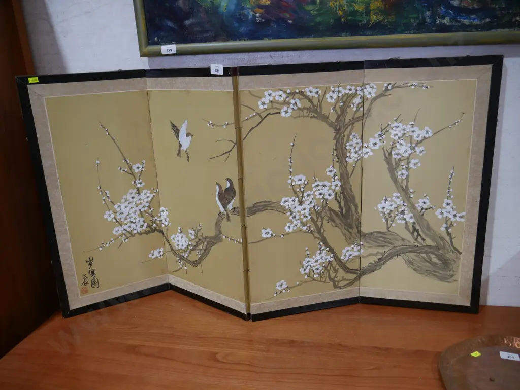 Oriental silk artwork 4 panel folding screen Image 1++