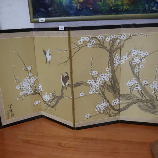 Oriental silk artwork 4 panel folding screen