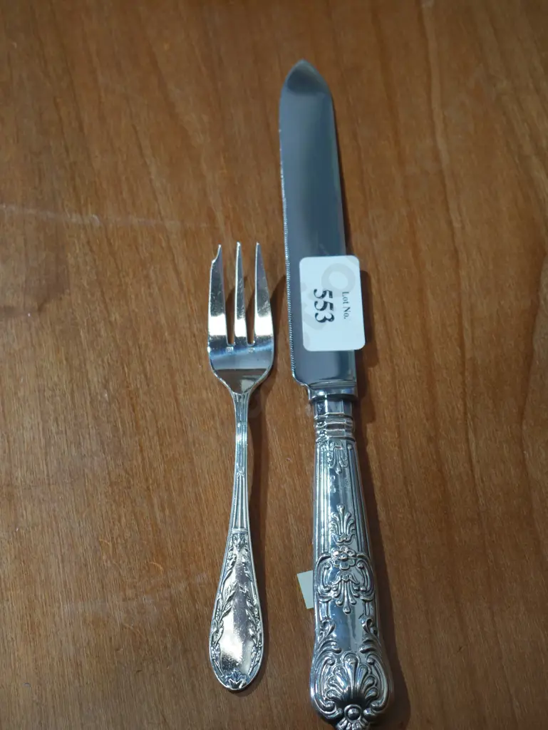 Silver bread knife and fork, sterling handle on knife Image 1++