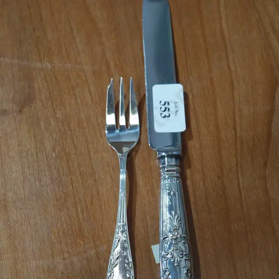Silver bread knife and fork, sterling handle on knife