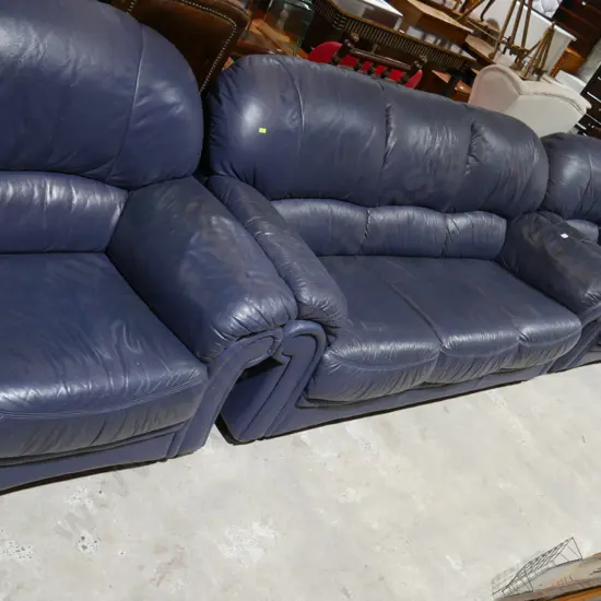 Three-piece blue leather lounge suite