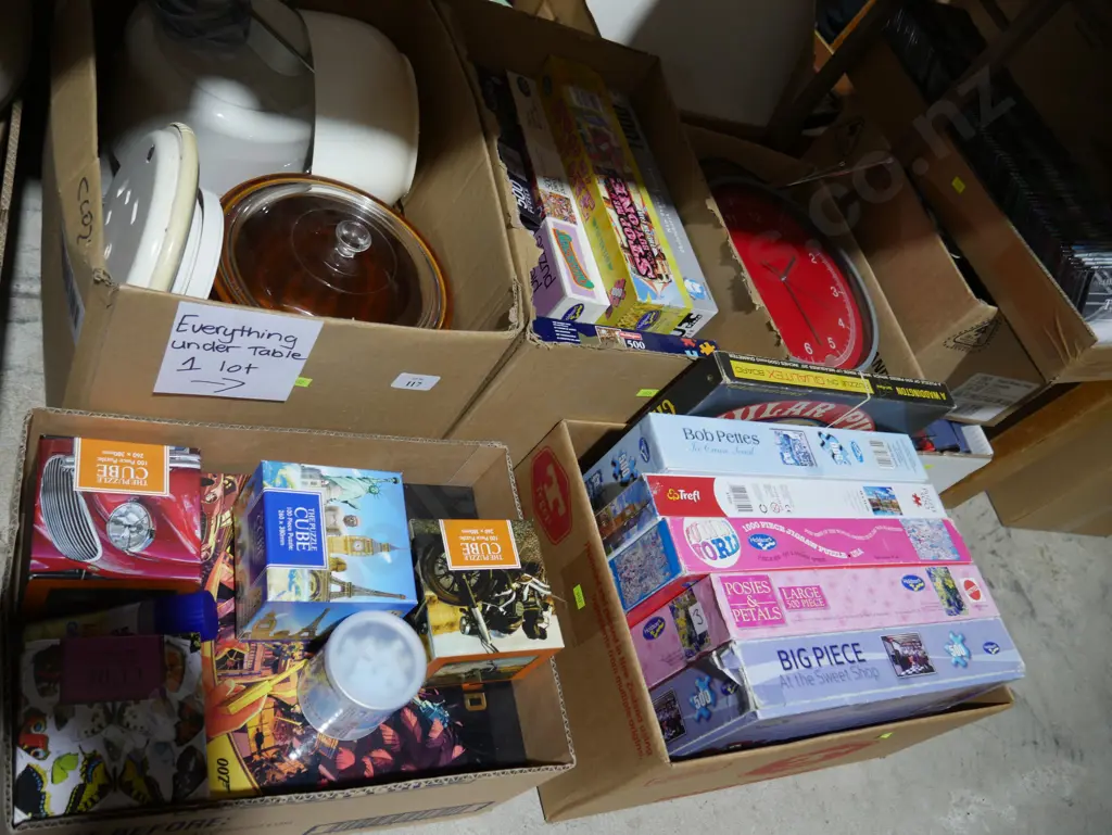 Many boxes of jigsaw puzzles, kitchenware, sundries Image 1++