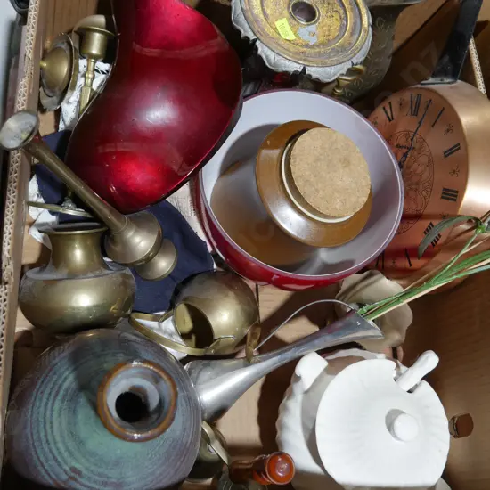 Brassware, copper wall clock etc