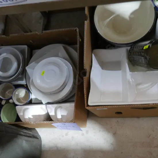 Two boxes of kitchenware etc