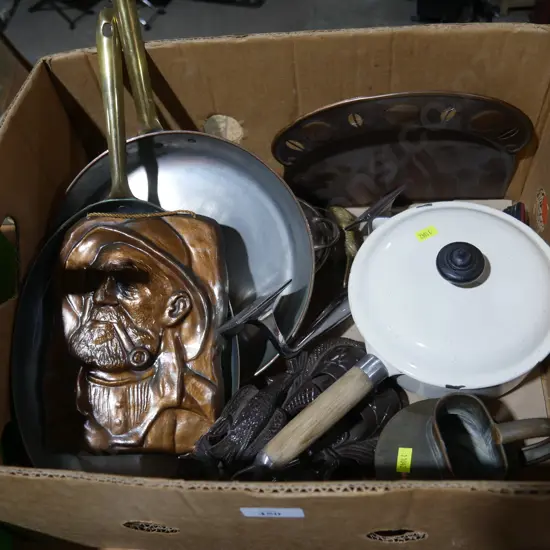 Copper pans, wall plaque etc