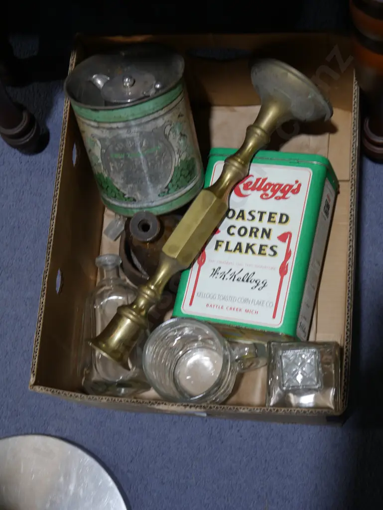 Brass candle holder, tins, glass decanter etc Image 1++