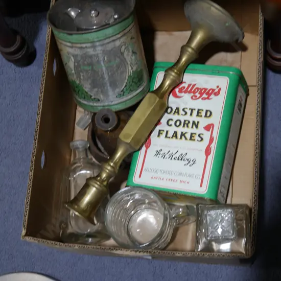 Brass candle holder, tins, glass decanter etc