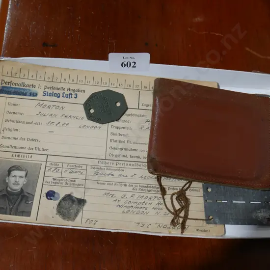 Prisoner of war registration, dog tag etc - J.F.L Morton 1943