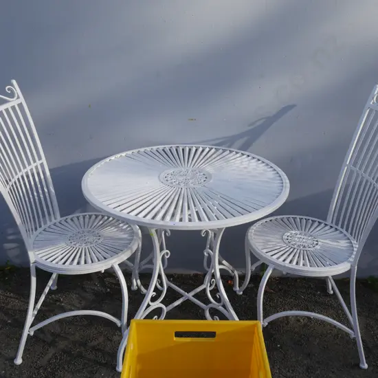 White metal table and 2 chairs