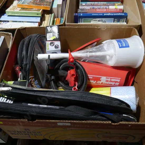 Tennis rackets, air pump, jumper leads set etc