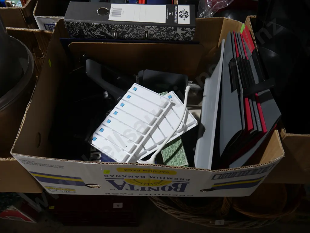 3 boxes foot rest, file organisers, stainless mugs etc Image 1++