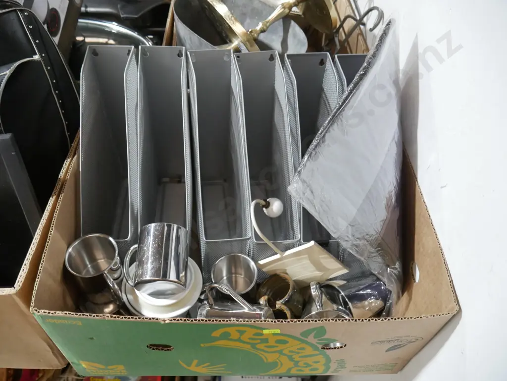 3 boxes foot rest, file organisers, stainless mugs etc Image 1++