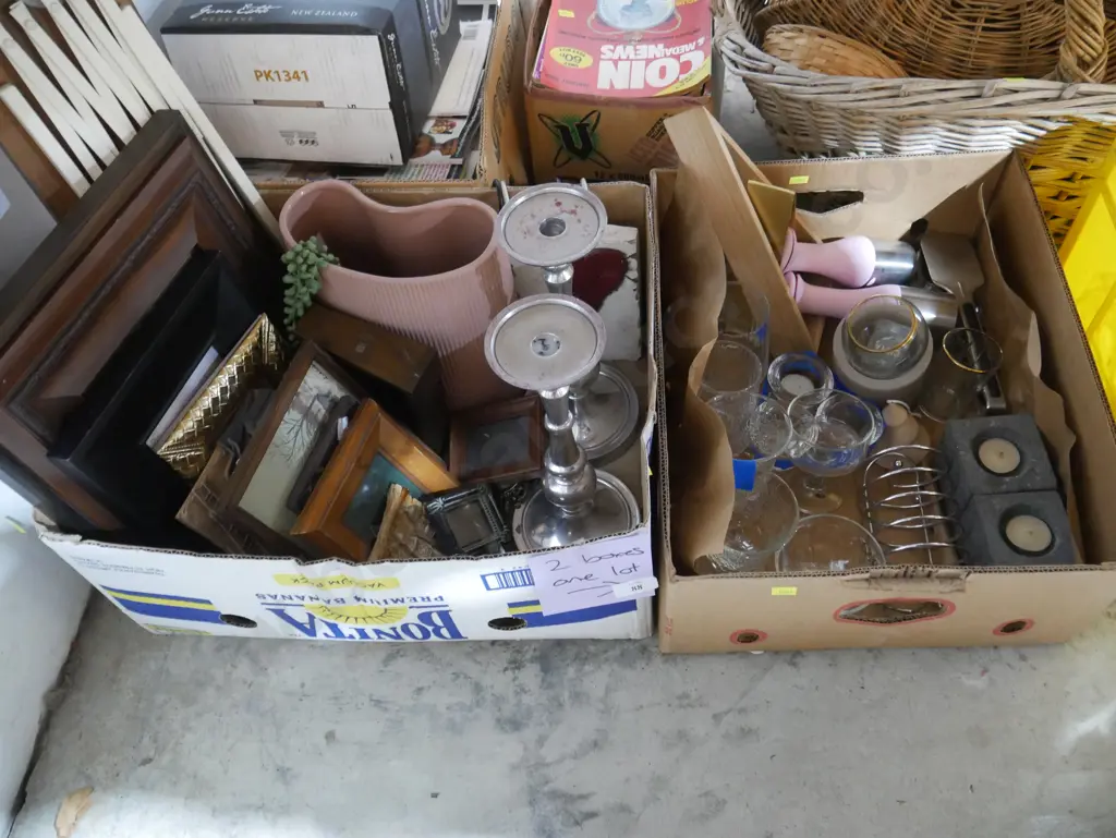 Two boxes of glassware, picture frames etc Image 1++
