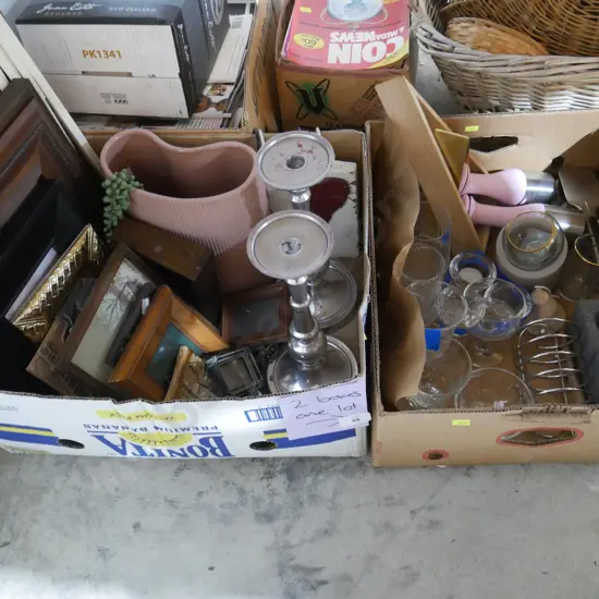 Two boxes of glassware, picture frames etc