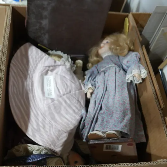 Porcelain dolls, hair brush set etc