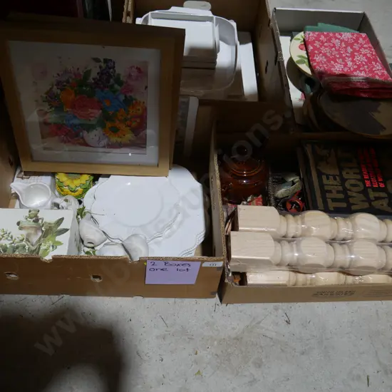 Two boxes of plates, books etc