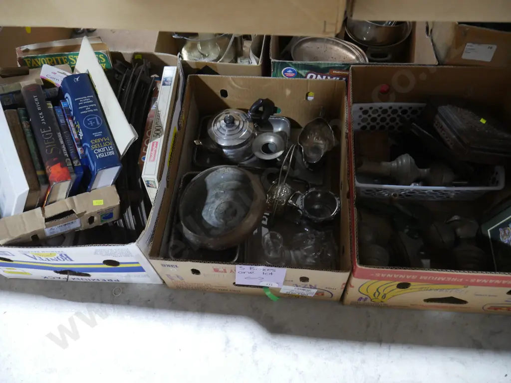 Three boxes of EP ware, train track, books etc Image 1++